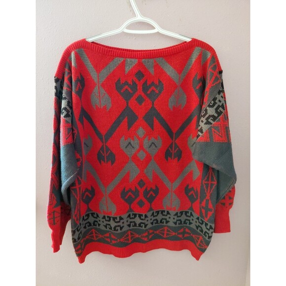 Vintage Mondi Red Black Gray Geometric Knit Sweater Women's Size 40/ US Large - Picture 1 of 10